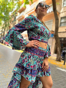 Conjunto Lola de Seda Turquesa y Fucsia