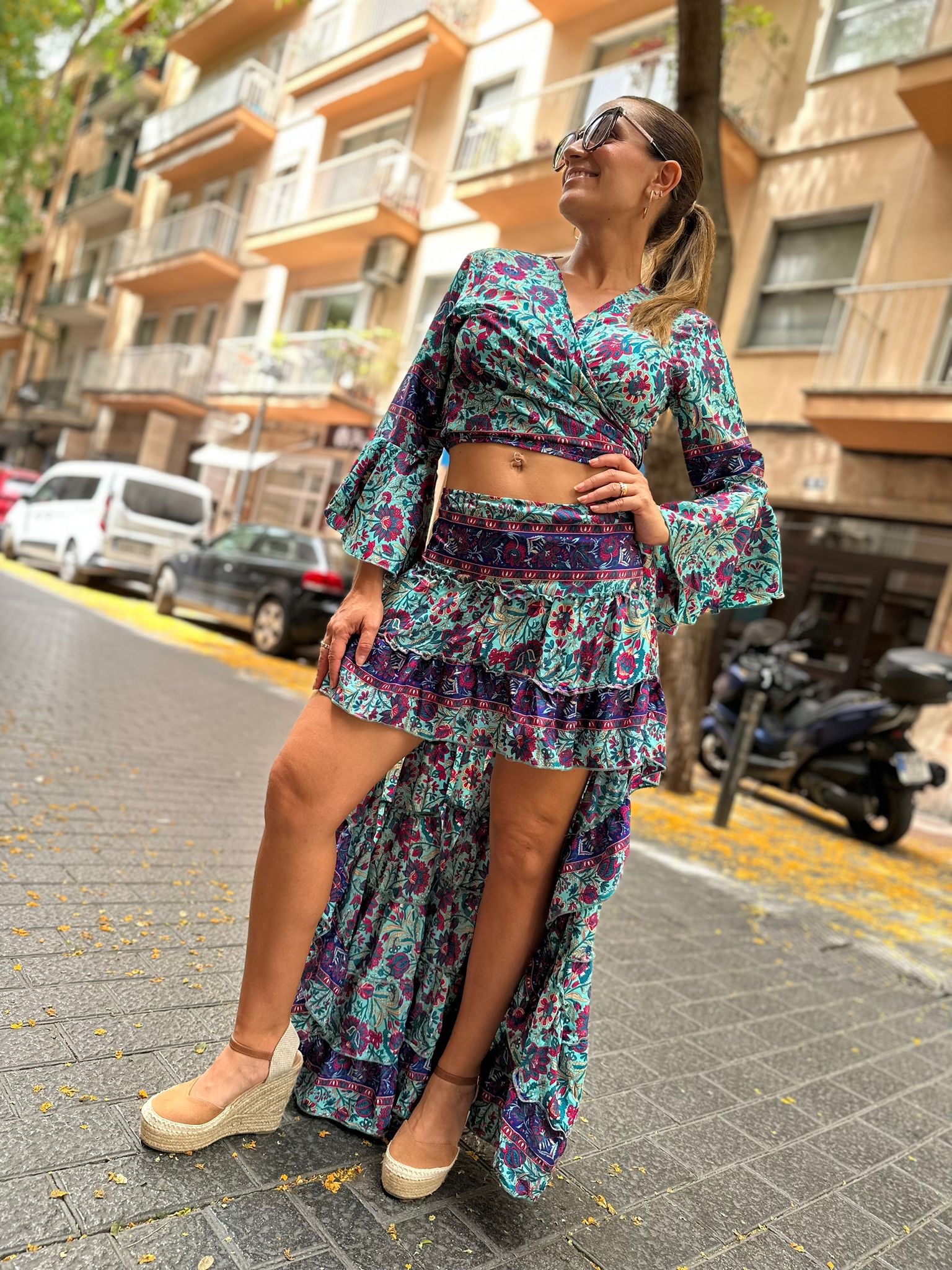 Conjunto Lola de Seda Turquesa y Fucsia