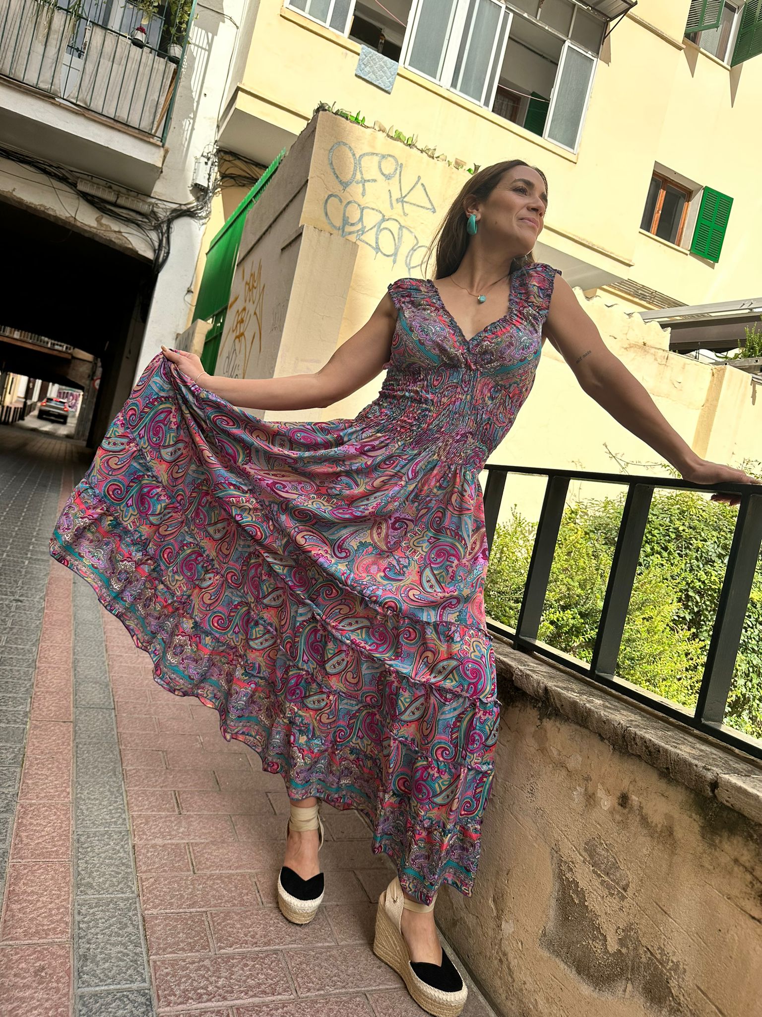 Vestido Cloe Largo Gris y Fucsia